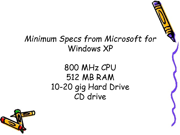 Minimum Specs from Microsoft for Windows XP 800 MHz CPU 512 MB RAM 10