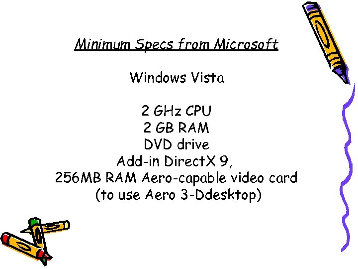 Minimum Specs from Microsoft Windows Vista 2 GHz CPU 2 GB RAM DVD drive