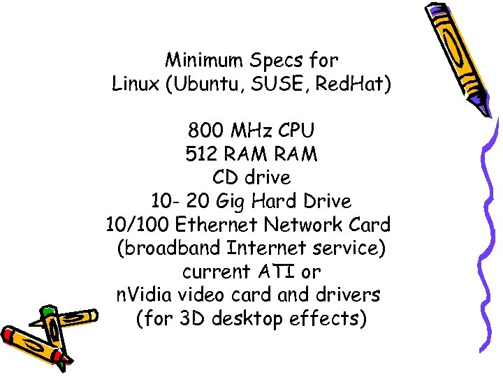 Minimum Specs for Linux (Ubuntu, SUSE, Red. Hat) 800 MHz CPU 512 RAM CD