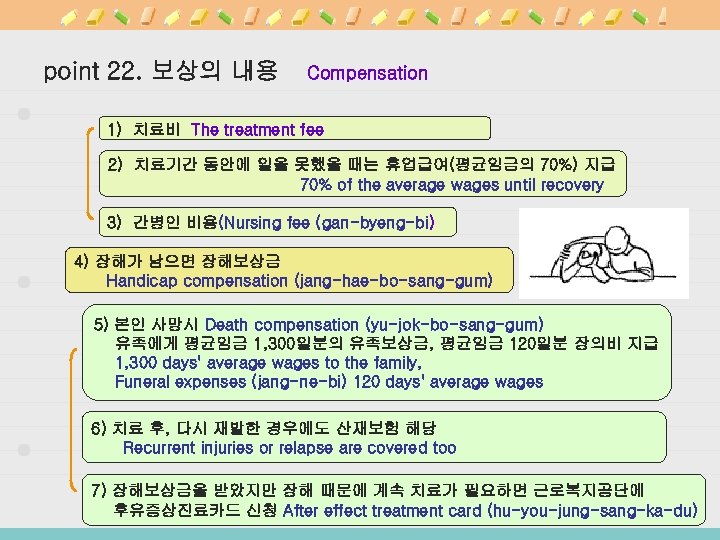 point 22. 보상의 내용 Compensation 1) 치료비 The treatment fee 2) 치료기간 동안에 일을