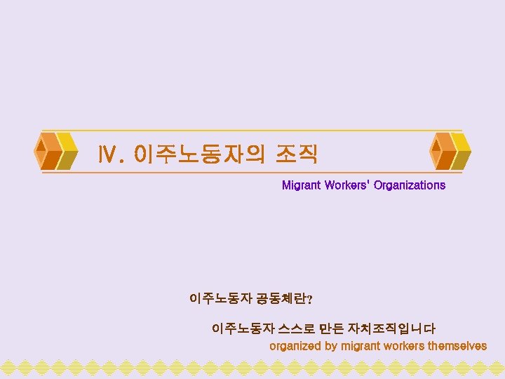 Ⅳ. 이주노동자의 조직 Migrant Workers' Organizations 이주노동자 공동체란? 이주노동자 스스로 만든 자치조직입니다 organized by