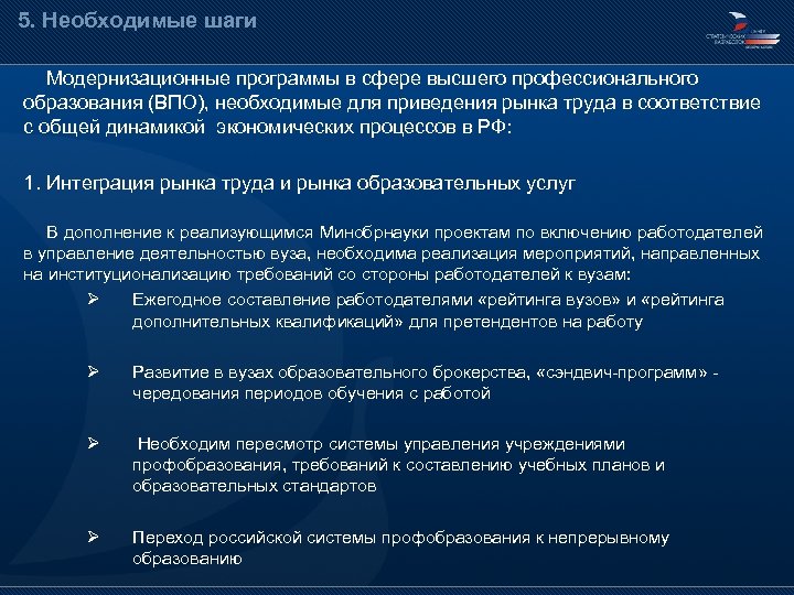 5. Необходимые шаги Модернизационные программы в сфере высшего профессионального образования (ВПО), необходимые для приведения