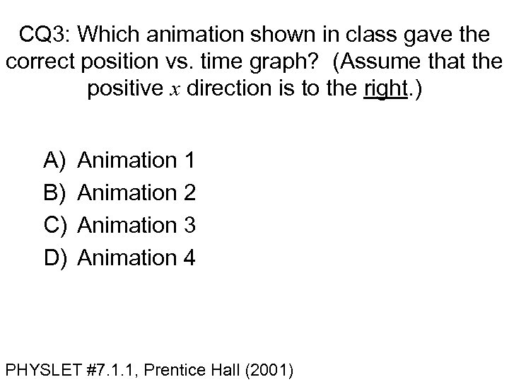 CQ 3: Which animation shown in class gave the correct position vs. time graph?