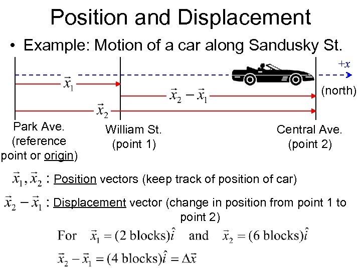 Position and Displacement • Example: Motion of a car along Sandusky St. +x (north)