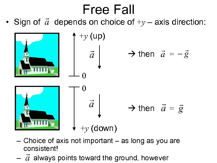 Free Fall • Sign of depends on choice of +y – axis direction: +y