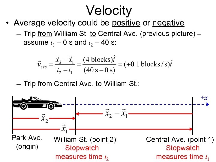 Velocity • Average velocity could be positive or negative – Trip from William St.