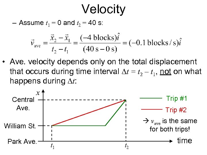 Velocity – Assume t 1 = 0 and t 2 = 40 s: •