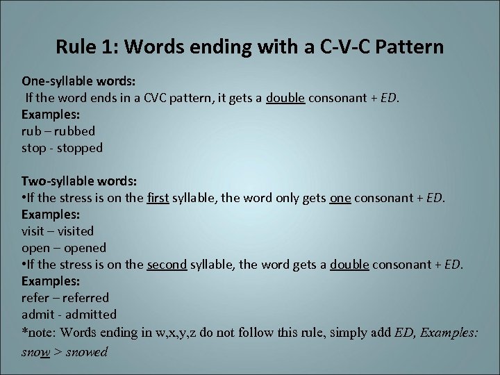 Rule 1: Words ending with a C-V-C Pattern One-syllable words: If the word ends