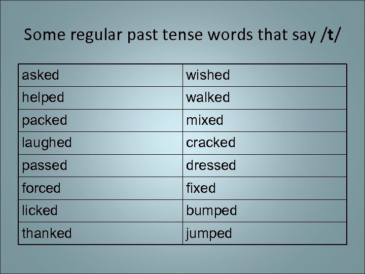 Some regular past tense words that say /t/ asked wished helped walked packed mixed