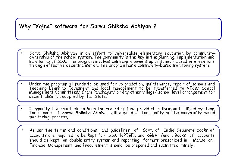 Why “Yojna” software for Sarva Shiksha Abhiyan ? • Sarva Shiksha Abhiyan is an