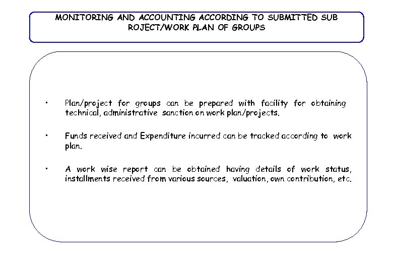 MONITORING AND ACCOUNTING ACCORDING TO SUBMITTED SUB ROJECT/WORK PLAN OF GROUPS • Plan/project for