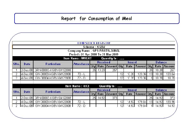 Report for Consumption of Meal 
