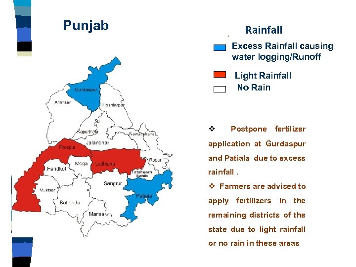 Punjab Rainfall . Excess Rainfall causing water logging/Runoff Light Rainfall No Rain v Postpone