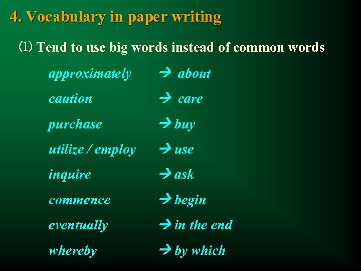 4. Vocabulary in paper writing ⑴ Tend to use big words instead of common