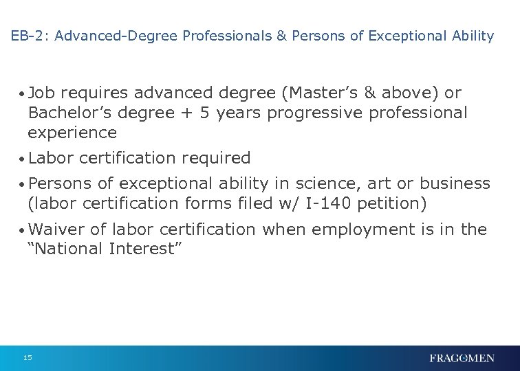 EB-2: Advanced-Degree Professionals & Persons of Exceptional Ability • Job requires advanced degree (Master’s