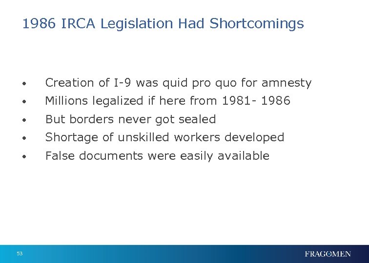 1986 IRCA Legislation Had Shortcomings • Creation of I-9 was quid pro quo for