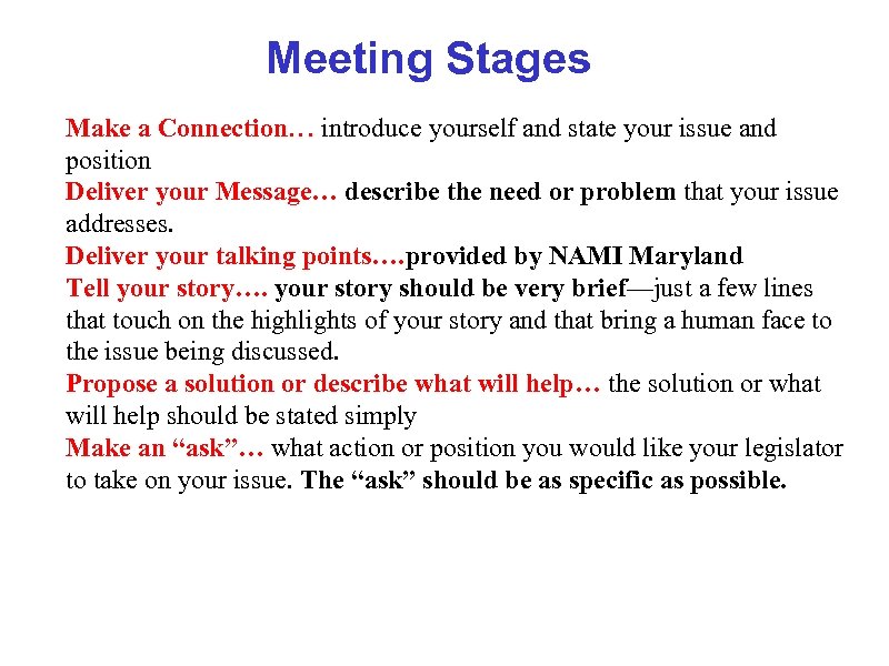 Meeting Stages Make a Connection… introduce yourself and state your issue and position Deliver