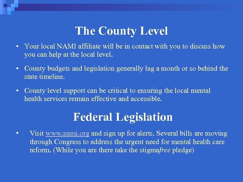 The County Level • Your local NAMI affiliate will be in contact with you