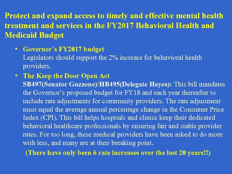 Protect and expand access to timely and effective mental health treatment and services in