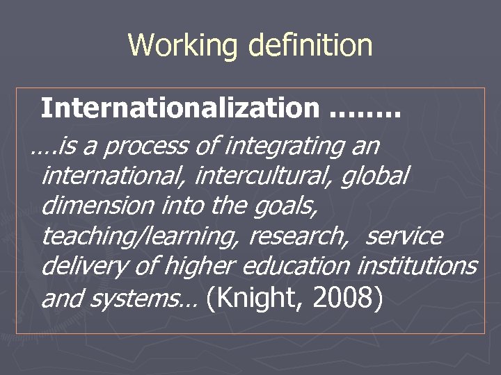 Working definition Internationalization ……. . …. is a process of integrating an international, intercultural,
