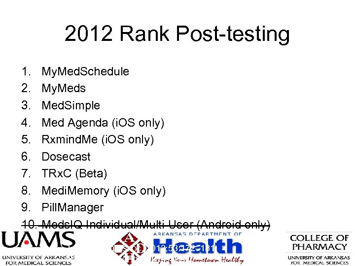 2012 Rank Post-testing 1. My. Med. Schedule 2. My. Meds 3. Med. Simple 4.