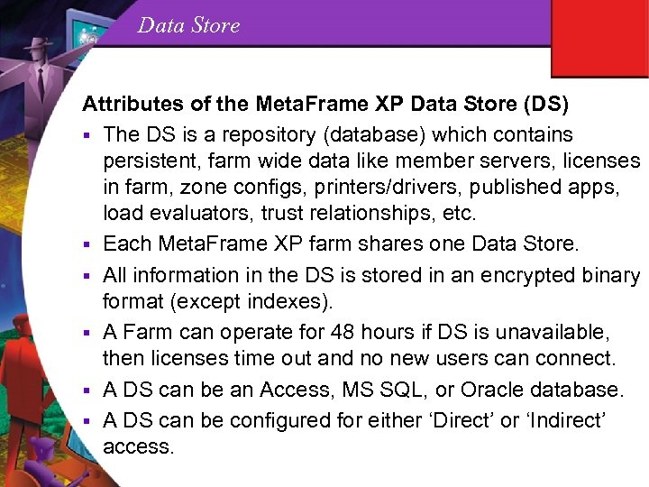 Data Store Attributes of the Meta. Frame XP Data Store (DS) § The DS