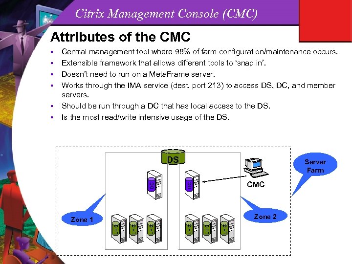 Citrix Management Console (CMC) Attributes of the CMC DS Server Farm CMC DC Zone