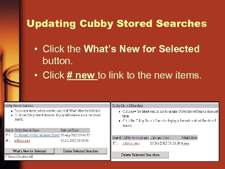 Updating Cubby Stored Searches • Click the What’s New for Selected button. • Click