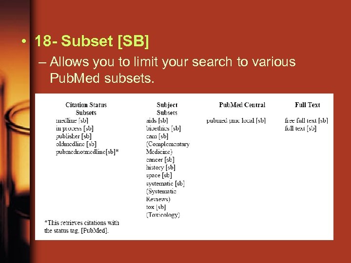  • 18 - Subset [SB] – Allows you to limit your search to