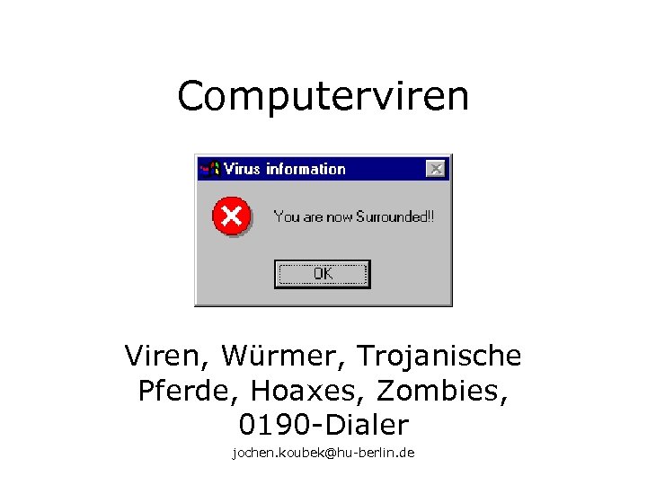Computerviren Viren, Würmer, Trojanische Pferde, Hoaxes, Zombies, 0190 -Dialer jochen. koubek@hu-berlin. de 