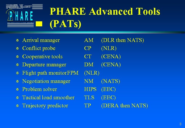 PHARE Advanced Tools (PATs) X X X X X Arrival manager Conflict probe Cooperative