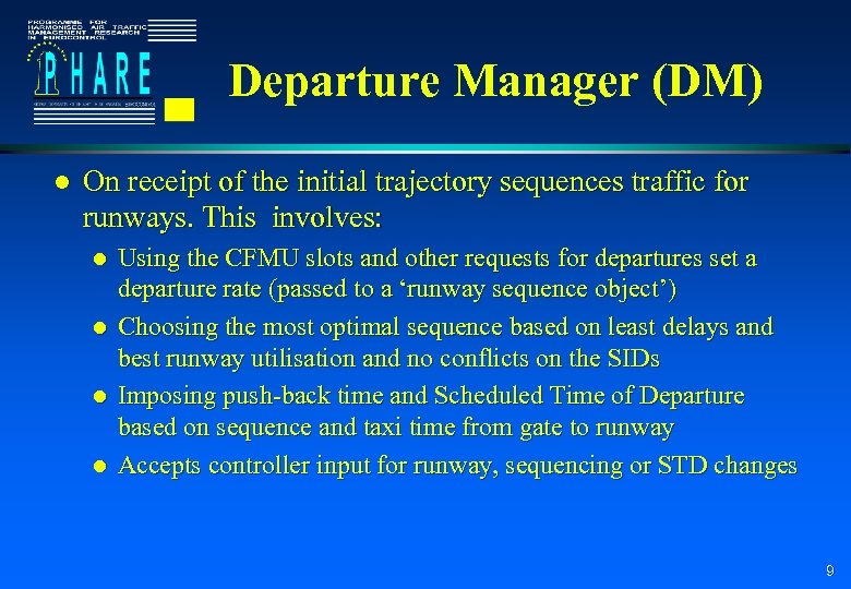 Departure Manager (DM) l On receipt of the initial trajectory sequences traffic for runways.