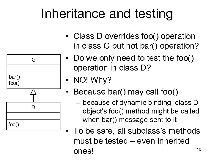 Inheritance and testing • Class D overrides foo() operation in class G but not