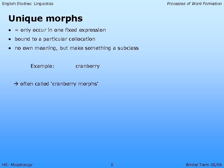 English Studies: Linguistics Processes of Word Formation Unique morphs • = only occur in