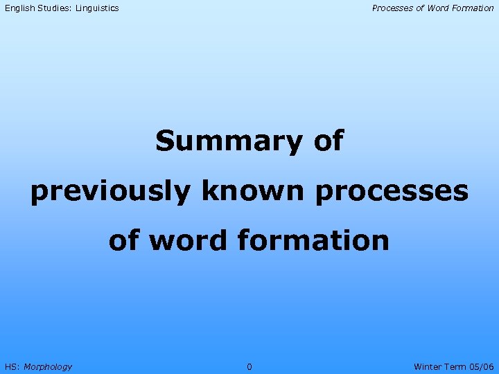 English Studies: Linguistics Processes of Word Formation Summary of previously known processes of word