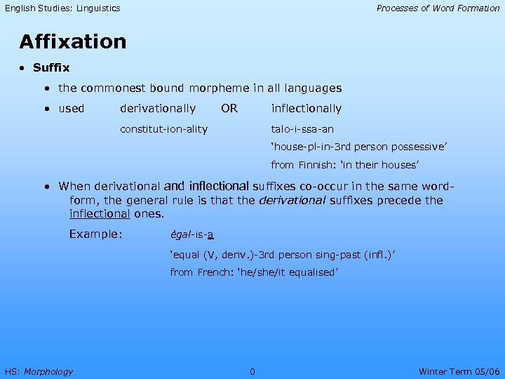 English Studies: Linguistics Processes of Word Formation Affixation • Suffix • the commonest bound