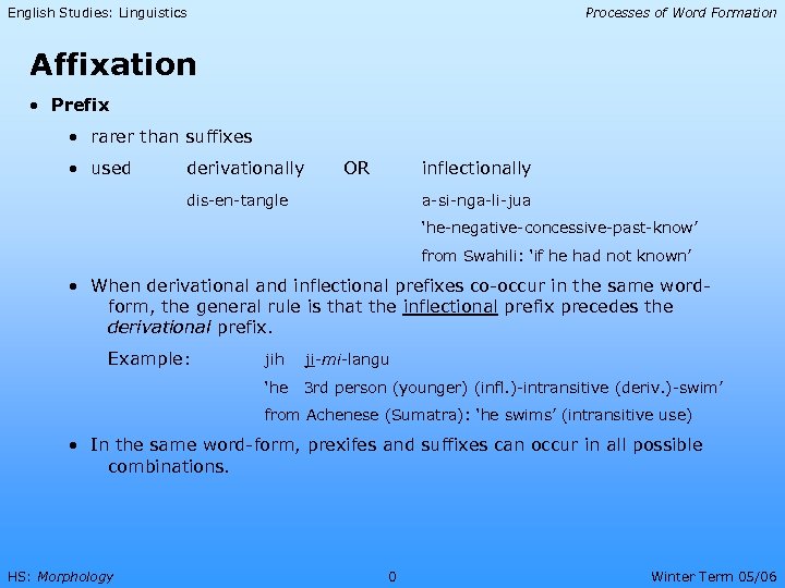 English Studies: Linguistics Processes of Word Formation Affixation • Prefix • rarer than suffixes