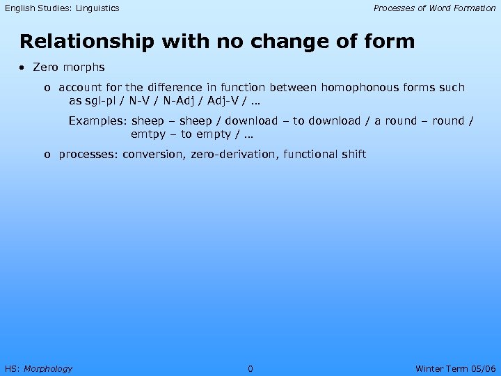 English Studies: Linguistics Processes of Word Formation Relationship with no change of form •