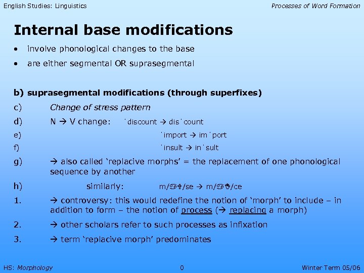 English Studies: Linguistics Processes of Word Formation Internal base modifications • involve phonological changes