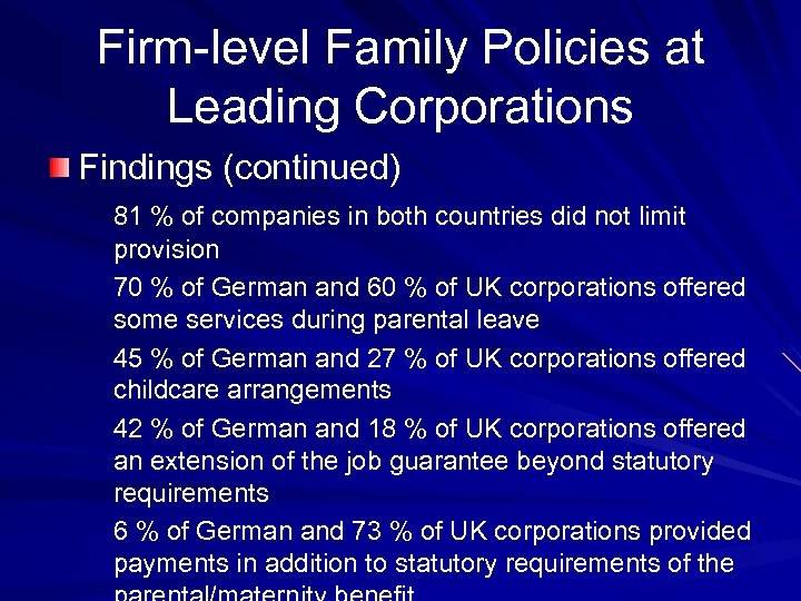 Firm-level Family Policies at Leading Corporations Findings (continued) 81 % of companies in both