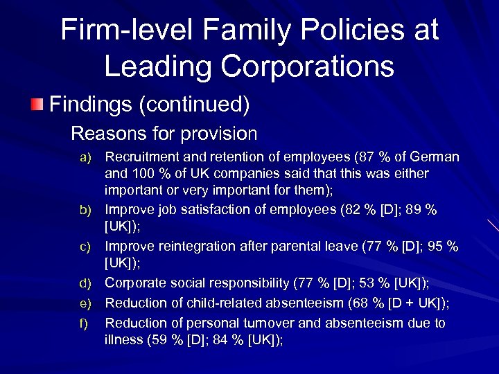 Firm-level Family Policies at Leading Corporations Findings (continued) Reasons for provision a) b) c)