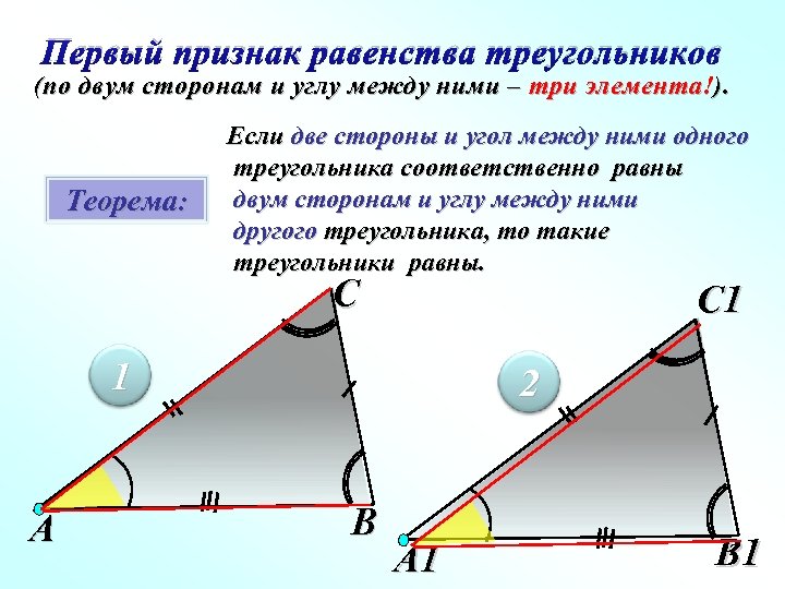 Второй признак равенства углов. Признак равенства треугольников по двум сторонам. Признак равенства треугольников по двум сторонам и углу. Признак равенства по 2 сторонам и углу между ними. Первый признак равенства углов треугольника.