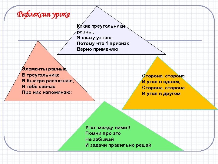 Рефлексия урока Какие треугольники равны, Я сразу узнаю, Потому что 1 признак Верно применяю