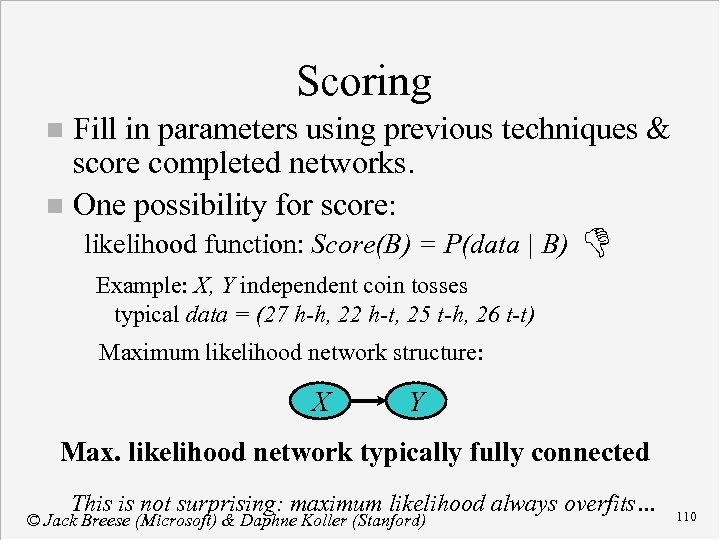 Scoring Fill in parameters using previous techniques & score completed networks. n One possibility