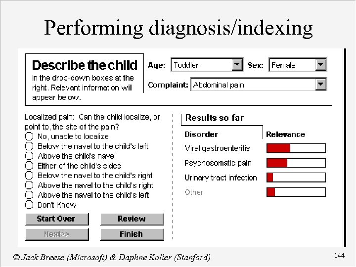 Performing diagnosis/indexing © Jack Breese (Microsoft) & Daphne Koller (Stanford) 144 