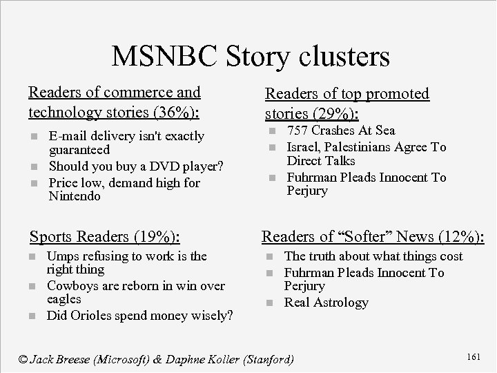 MSNBC Story clusters Readers of commerce and technology stories (36%): n n n E-mail