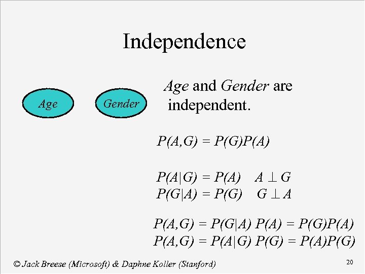 Independence Age Gender Age and Gender are independent. P(A, G) = P(G)P(A) P(A|G) =