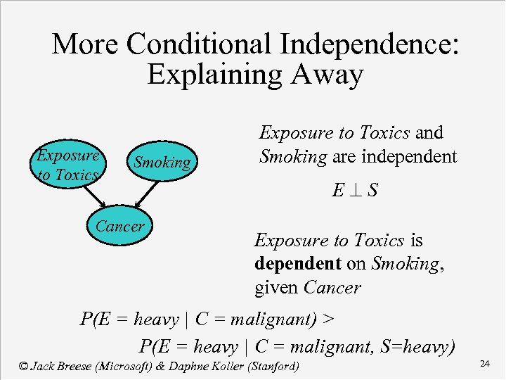 More Conditional Independence: Explaining Away Exposure to Toxics Smoking Cancer Exposure to Toxics and