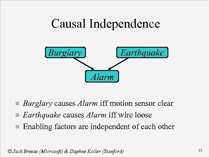 Causal Independence Burglary Earthquake Alarm n n n Burglary causes Alarm iff motion sensor