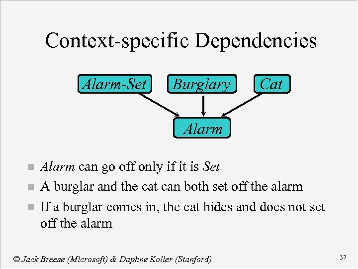 Context-specific Dependencies Alarm-Set Burglary Cat Alarm n n n Alarm can go off only